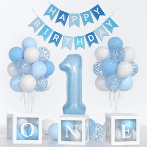 First Decorations For Boy-40 Inch Blue 1 Number, Baby Blue White Balloons, Ha... - Bild 1 von 7