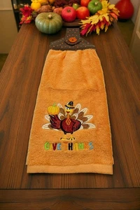 Thanksgiving Hanging Dishtowel "Give Thanks" Monogram Turkey Orange Towel - Picture 1 of 6