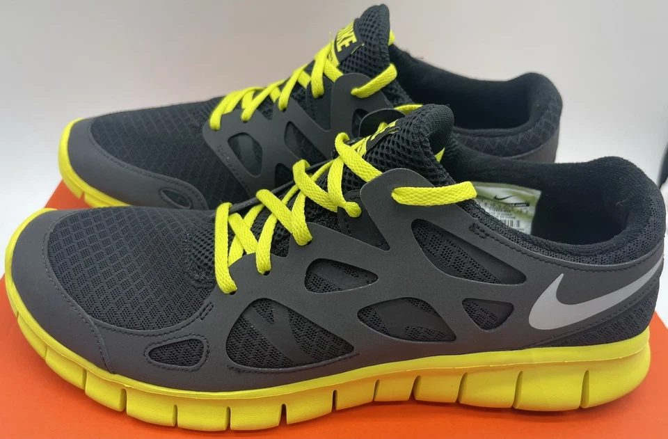 Nike Free Run +2, Black/Metallic Silver-Ellectric Lime 512933-003, Men’s Sz 11.5 - Photo 1/4