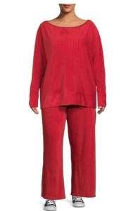 Terra & Sky Damen gerippter Velour Trainingsanzug 2-teilig weites Bein 4X rote Hose SET - Bild 1 von 10