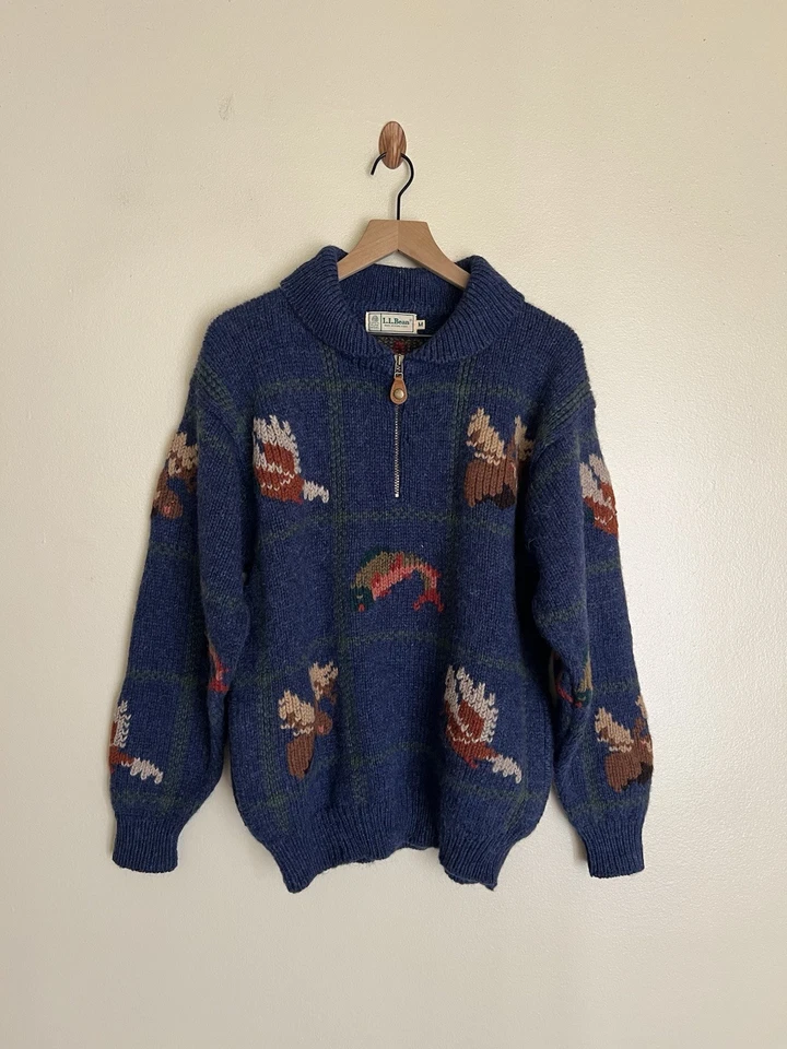 VTG L.L.Bean Animal Pattern Half-Zip Knit Sweater Size M Blue Mens 80s Vintage - Image 1 of 4