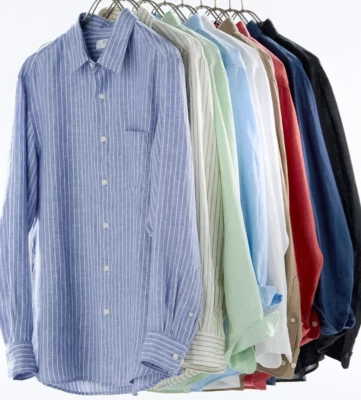 Men UNIQLO Premium Linen 100% Shirt Solid 10 color Stripe subtle glossy sheen - Image 1 of 4