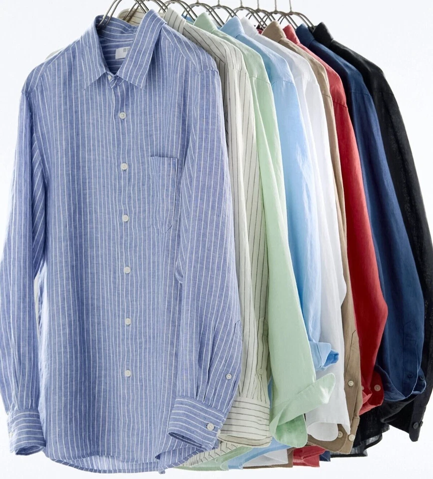 Men UNIQLO Premium Linen 100% Shirt Solid 10 color Stripe subtle glossy sheen - Image 1 of 4