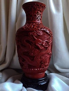 Chinese Antique Handmade Copper Cinnabar Dragon Ball Lacquer Vase Box Raised Art - Picture 1 of 10