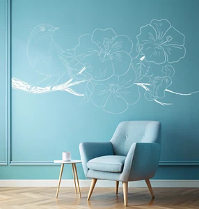 Gardenia Flower Wall Decal - Gardenia Branch With Bird Wall Decal se249 - Picture 1 of 12