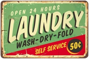 Lavandería Abierta 24 Horas Publicidad Vintage Todo Metal Lata Letrero hasta 12 x 18" - Imagen 1 de 1