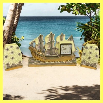 ANCIEN BATEAU RÉVEIL MÉCANIQUE DÉCOR DE CHEMINÉE VASE CANDELABRE CERAMIQUE FAIEN - Photo 1/4