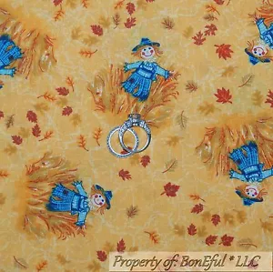 BonEful Fabric FQ Cotton Quilt VTG Gold Yellow Orange Red Leaf Scarecrow Harvest - Picture 1 of 8