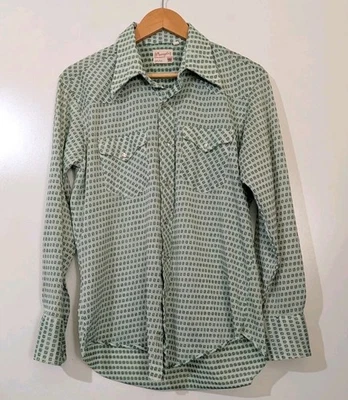 Camisa De Colección Años 70 Wrangler Prensa Permanente Colas Largas Perla A Presión Verde 16.5 J Foto 1 de 4