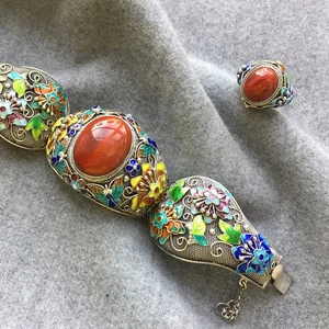 Damen Vintage Handarbeit Floral Blau Intarsien Rubin Schnalle Armband Ring - Bild 1 von 8