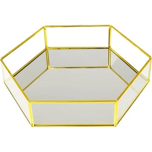 Hexagon Vintage Gold Mirror Glass Vanity Tray,Ornate Geometric and Brass Plat... - Picture 1 of 6
