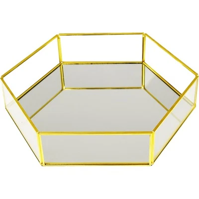 Hexagon Vintage Gold Mirror Glass Vanity Tray,Ornate Geometric and Brass Plat... - Image 1 of 4