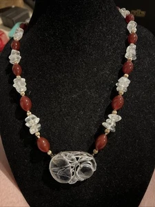 Estate Chinese Carved Rock Crystal Quartz Carnelian Silver 14k Necklace - Picture 1 of 8
