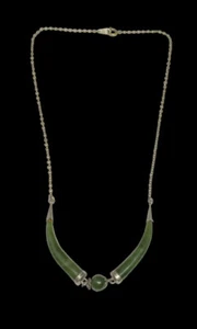 925 Double Horn Green Jade Gold Tone Necklace 17 in Hallmarked With Ladybug - Picture 1 of 8