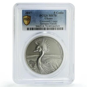 Ghana 5 cedis African Ounce Wildlife Crane Bird Fauna SP70 PCGS silver coin 2017 - Picture 1 of 2