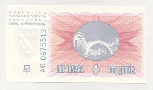 Bosnia and Herzegovina 5 Dinara 15-8-1994 Pick 40.a UNC Uncirculated Banknote - Picture 1 of 2