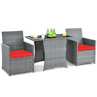 Patiojoy Patio 3pcs Rattan Furniture Set Cushioned Sofa Armrest  Garden Red