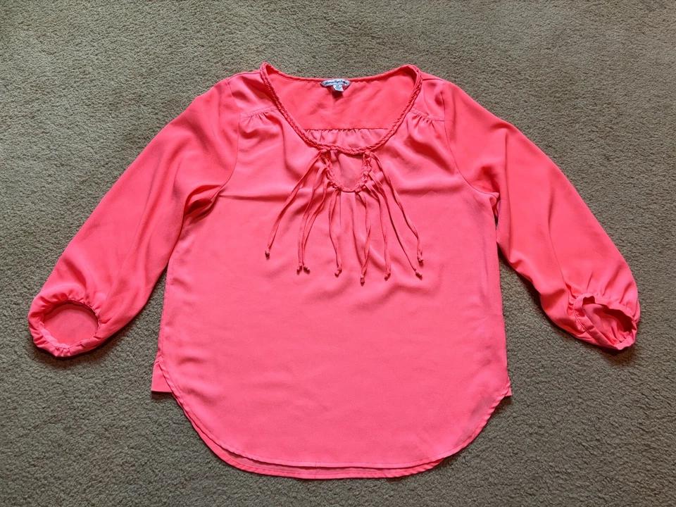 Blusa Top Vintage Y2K Años 2000 American Eagle Neón Coral Flecos Cuello Manga Abullonada Foto 1 de 3