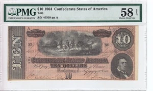 1864 Confederate States of America $10 Note T-68 CSA PMG AU58 EPQ #40509 - Picture 1 of 2