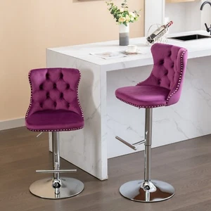 2Set Swivel Velvet Barstools Button 25-33" Height Kitchen Pub Bar Chairs Purple - Picture 1 of 12