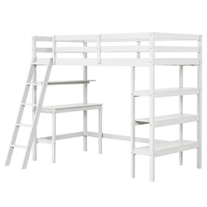 Twin Size Solid Wood Loft Bed with Desk & Bookshelves, Ladder & Guardrails White - Picture 1 of 10