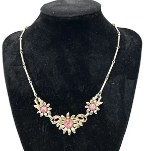 Vtg Estate Choker Necklace Gold Tone Snake Bead Chain Flower Pink Rhinestone - Picture 1 of 10