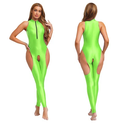 Womens Glossy Jumpsuit Mock Neck Sleeveless Front Zip Open Crotch Thigh Bodysuit - Image 1 of 4