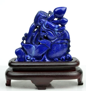 Natural Lapis Lazuli Gemstone Dragon Fish Statue Sculpture Chinese Carving  - Picture 1 of 6