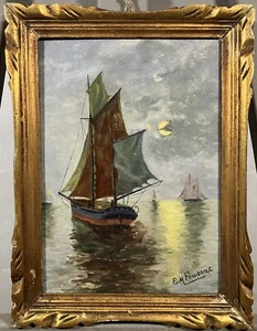Huile sur Panneau XIX-XXe Paysage Marin Voilier en Mer signée - Picture 1 of 8