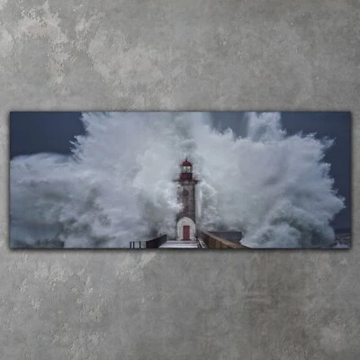 Leinwand Bild Canvas Wandbild XXL Leuchtturm in einer Sturm Welle 125x50 - Bild 1 von 4