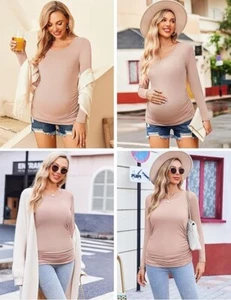Womens Maternity Shirts Long Sleeve Pregnancy Crew Neck Clothes Tunic Blouse Fal - Picture 1 of 2