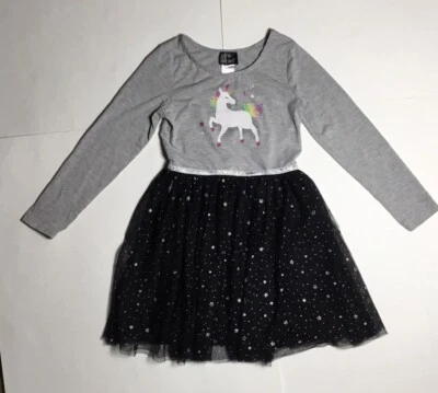 Girl’s Pink And Violet Dress Gray W/Black Tulle Unicorn Sparkly Long Sleeve 8 - Image 1 of 4