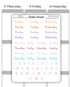 Small Rainbow Date & Days of the Week Script Planner Sticker, Journaling Sticker - Picture 1 of 1