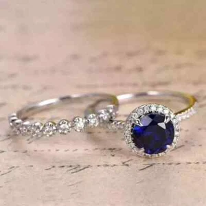 2Ct Round Cut Lab-Created Blue Sapphire Bridal Ring Set In 14k White Gold Plated - Picture 1 of 5