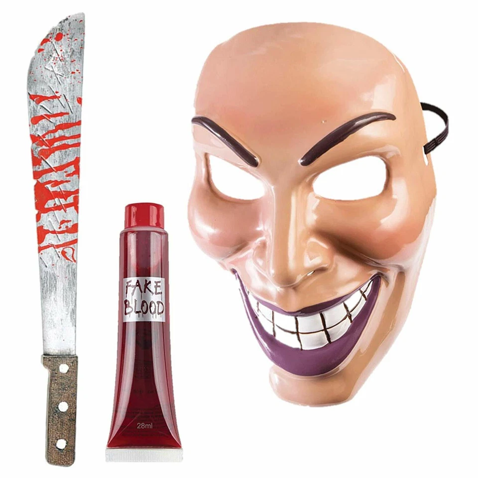 La máscara de purga sonrisa película de Halloween película de terror, máscara de purga, machete, sangre 3 piezas Foto 1 de 1