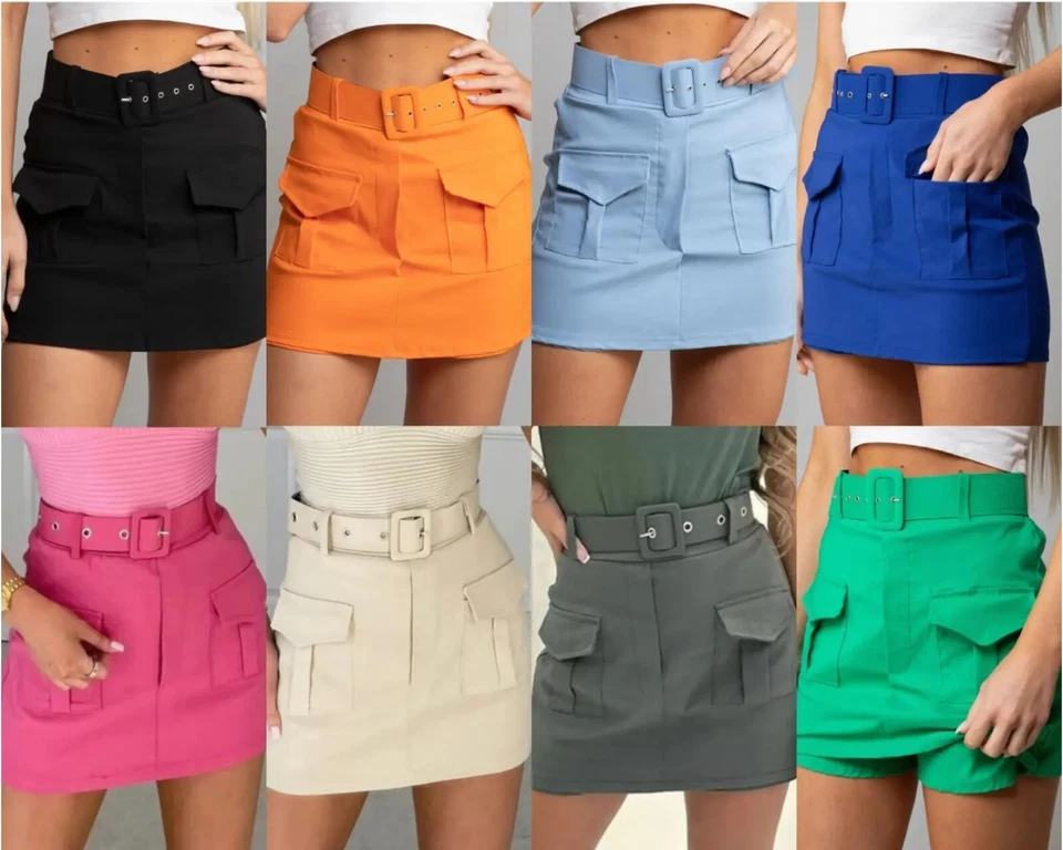 Women's High Waisted Cargo Pocket Belted Skirt Ladies Skort Shorts Summer wear - Image 1 of 1