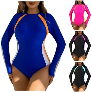 Women's Long Sleeve Zipper Sexy Patchwork Sunscreen Swimsuit Surf Suit Wetsuit - Picture 1 of 32