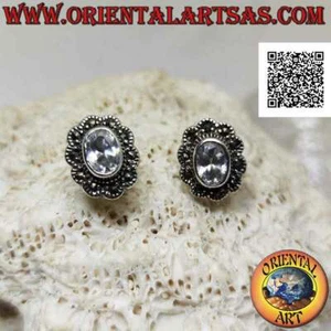 Orecchini Argento 925‰ zircone ovale con cornice a nuvoletta di marcassite - Foto 1 di 3