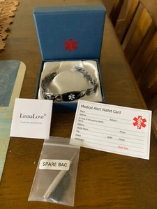 Double Heart Medical alert Bracelet Black Stainless steel Type 2 Diabetes - Picture 1 of 6