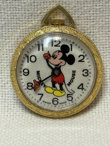 Vintage Mickey Mouse goldfarbene bewegliche Arme Swiss Made Anhänger Uhr funktioniert nicht - Bild 1 von 10