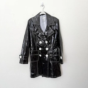 Impermeable de colección Y2K talla 8 Newport News negro brillante charol PVC trinchera Cyberpunk - Imagen 1 de 10