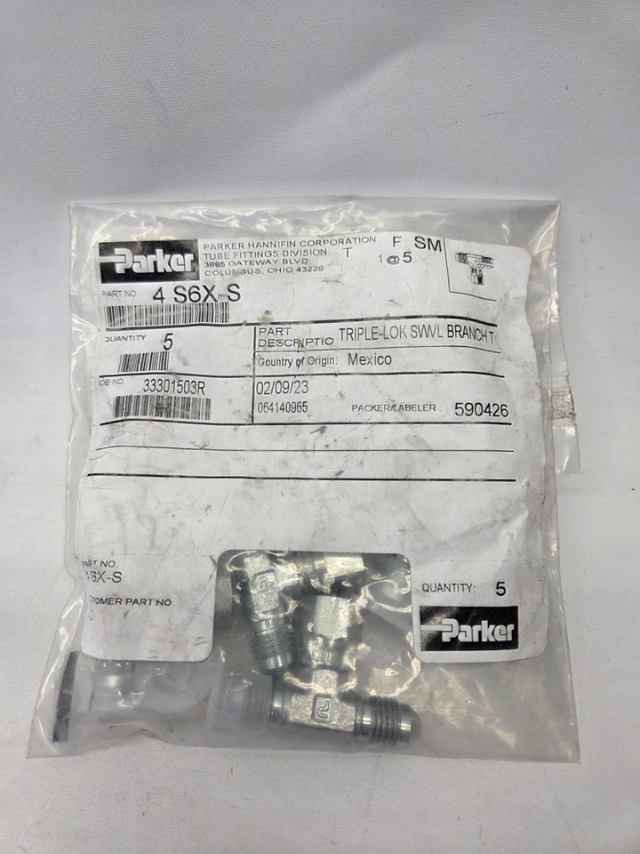 Parker 4 S6X-S Branch Tee Triple-Lok bag of 5 - Image 1 of 1