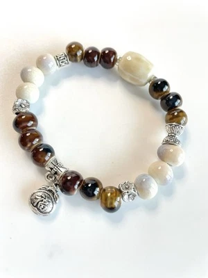 Pulsera Marfil Marrón Acentos Plata Cerámica Buena Salud Dije Elástico Foto 1 de 4