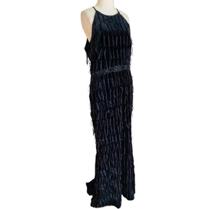 Badgley Mischka Black Textured Maxi Dress Gown Velvet Fringe Feather Gem Belt 10 - Picture 1 of 13