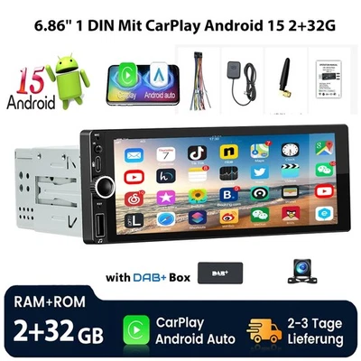 DAB+ 6.86 Zoll 1 DIN Android 15 2+32G Autoradio CarPlay GPS NAVI RDS WIFI BT KAM - Bild 1 von 4