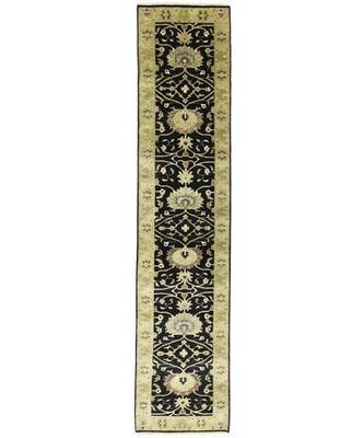 Hand-Knotted Oushak Oriental Wool Runner Rug Floral Black Carpet 2'7X11'9 ft - Image 1 of 4