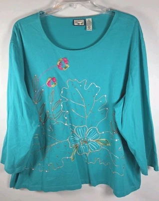 Camiseta para mujer Caribbean Joe talla 2X azul verdoso algodón bordado lentejuelas manga 3/4 Foto 1 de 4