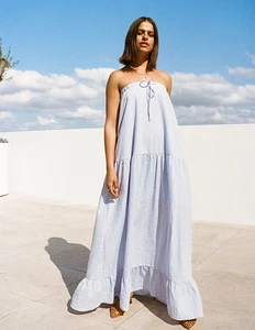 Sabo Skirt Dress AUS 4 US0 Maxi Bella Blue Cotton Textured Stripe Strapless - Picture 1 of 8
