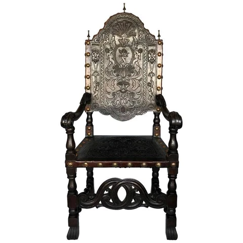 Antique Portuguese Armchair with Embossed Leather Cover