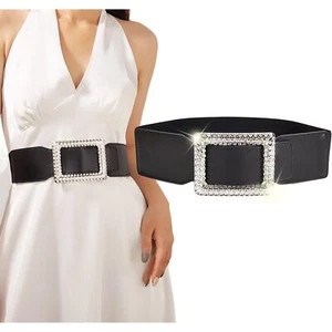 Black Elastic Waist Belts Women Rhinestone Buckle Belts for Dress Stretchy Belt - Picture 1 of 6